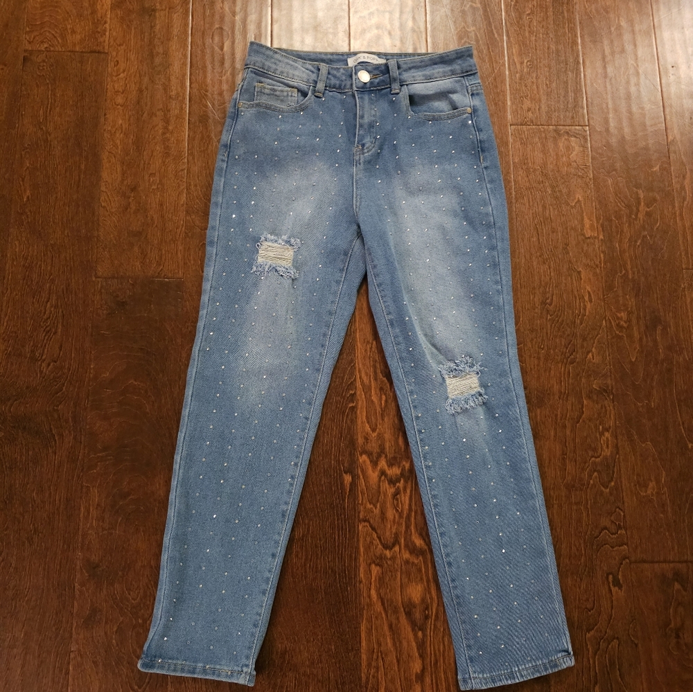 Oak & Poppy Rhinestone Bedazzled Distressed Stretch Jeans - Size 2?